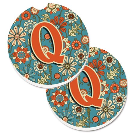 Carolines Treasures Letter Q Flowers Retro Blue  Cup Holder Car Coaster, PK2 CJ2012-QCARC